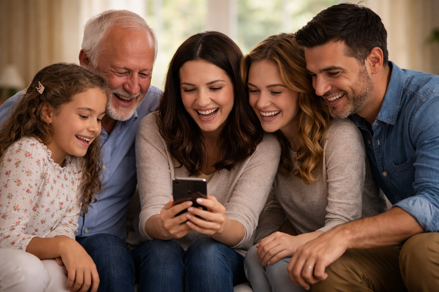 Family sharing memories on phone