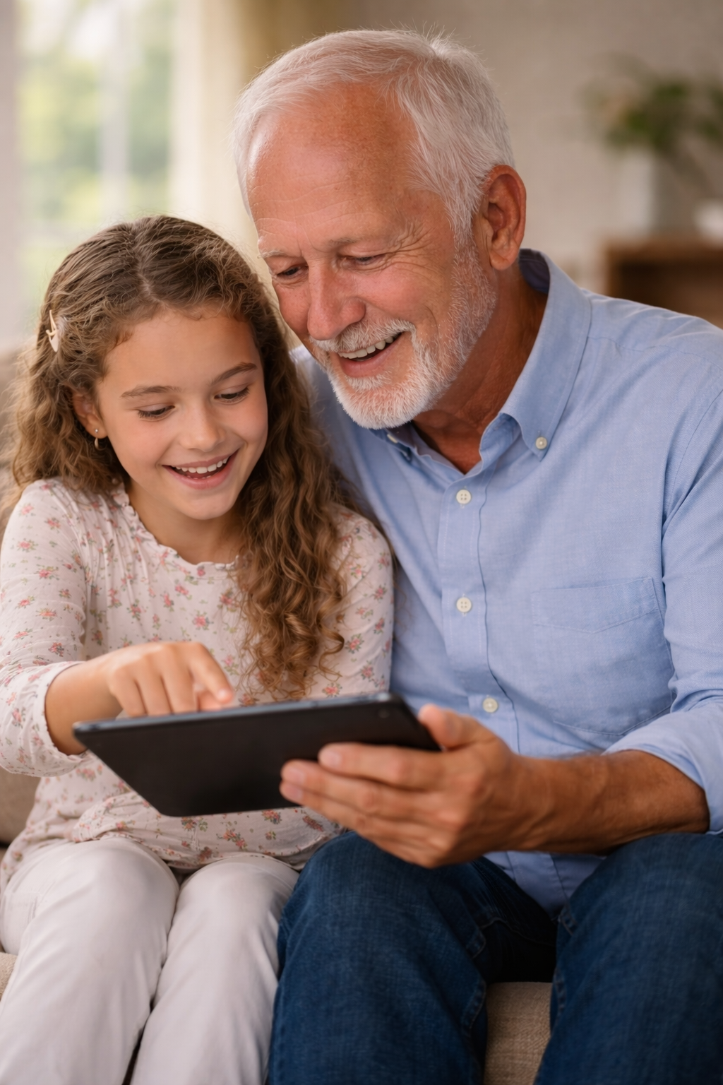 Grandfather and grandchild on tablet